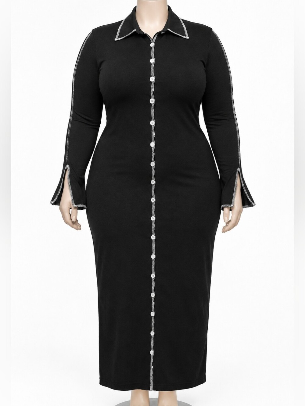 Black Maxi Shirt Dress with White Stitching โ 1XL